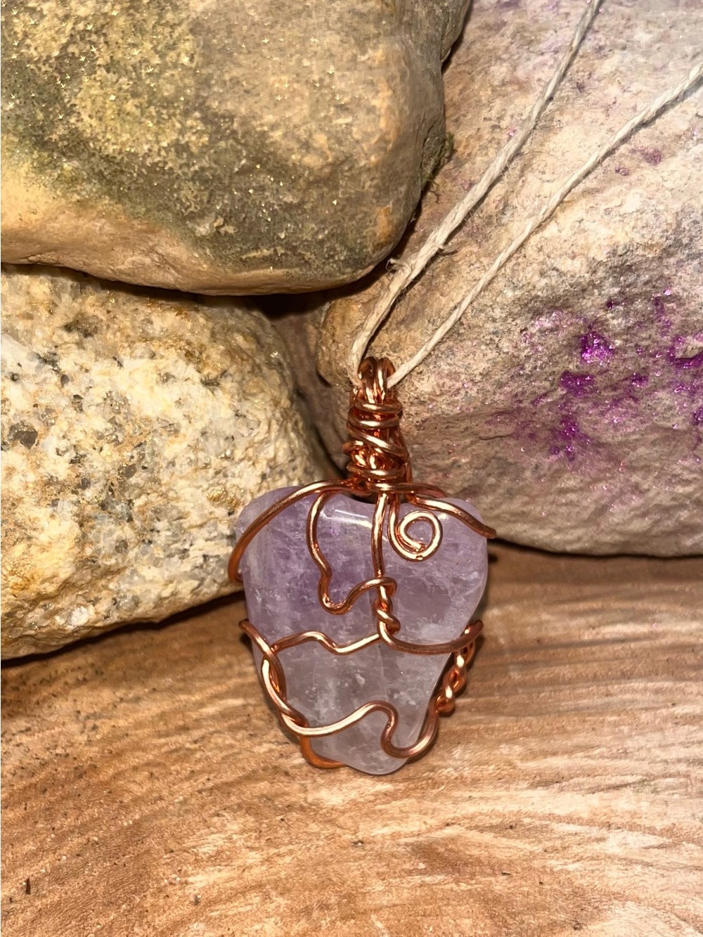 Amethyst Crystal Pendant Necklace with Copper Wire Wrap - Lavender
